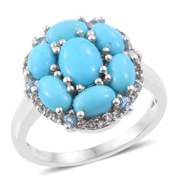 Arizona Sleeping Beauty Turquoise (Ovl 1.00 Ct), White Topaz and Signity Blue Topaz Ring in Platinum