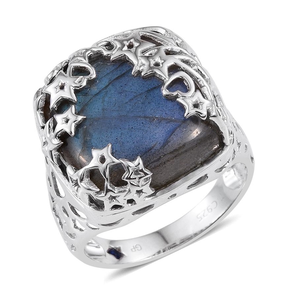 GP Labradorite (Cush 26.98 Ct), Kanchanaburi Blue Sapphire Ring in Platinum Overlay Sterling Silver 