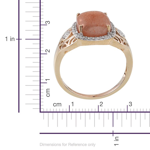 9K Y Gold Morogoro Peach Sunstone (Cush 5.00 Ct), Diamond and Natural Cambodian Zircon Ring 5.350 Ct.
