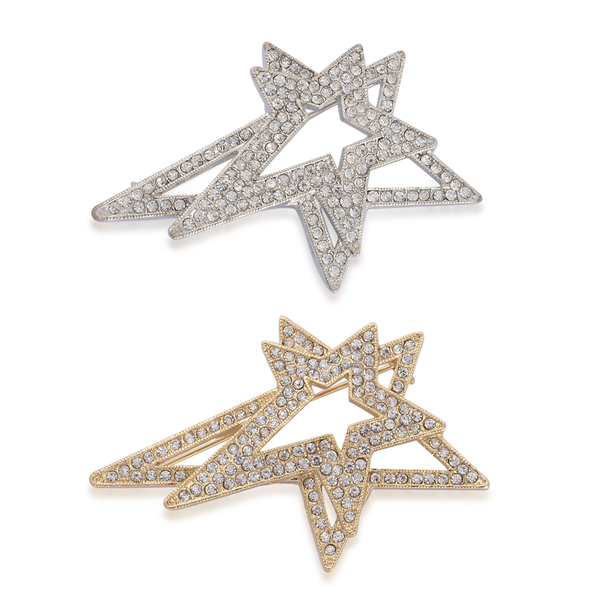 Set of 2 - White Austrian Crystal Star Brooch in Silver and Gold Tone