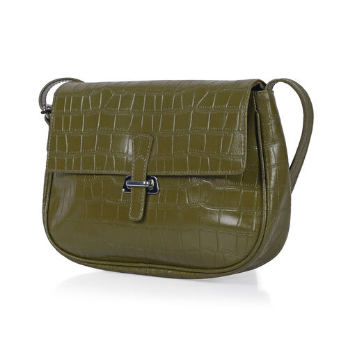 Premium Super Soft 100% Genuine Leather Olive Green Colour Croc Embossed Handbag (Size 27x20 Cm ...