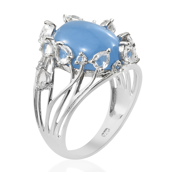 Blue Jade (Ovl 11.00 Ct), White Topaz Ring in Platinum Overlay Sterling Silver 13.000 Ct. Silver wt 4.32 Gms.