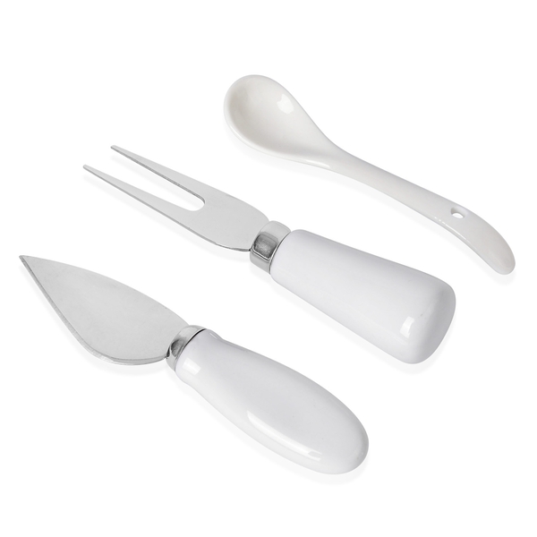 Kitchen Accessories - 2 Ceramic Bowl (Size 8.5X6 and 17X9X5.5 Cm), Spoon, Bamboo Tray (Size 27X22X1.5 Cm), Slate Board (Size 21X11 Cm), Cheese Knife and Cheese Fork in Stainless Steel