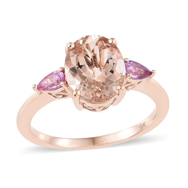 Collectors Edition-9K Rose Gold AAA Marropino Morganite (Ovl 11x9mm 3.20 Ct), Pink Sapphire Ring 3.5