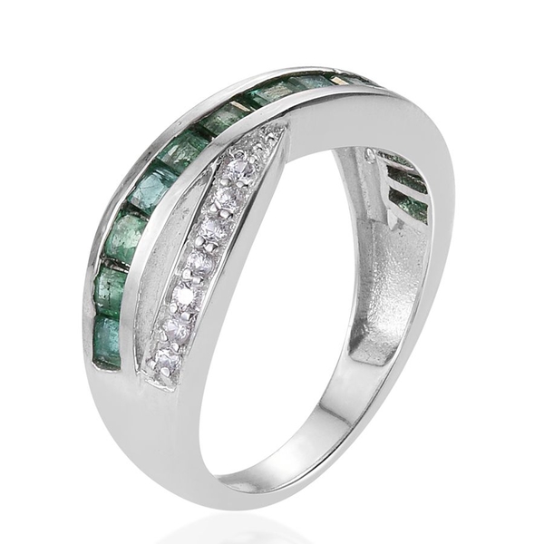 Kagem Zambian Emerald (Sqr), Natural Cambodian Zircon Criss Cross Ring in Platinum Overlay Sterling Silver 1.250 Ct.