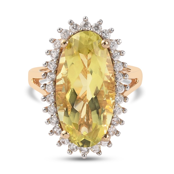 Natural Green Gold Quartz (Ovl 20x10mm), Natural Cambodian Zircon Ring in 14K Gold Overlay Sterling 