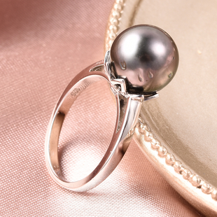 Galatea Pearl - Tahitian Momento Talking Pearl Ring in Rhodium Overlay Sterling Silver