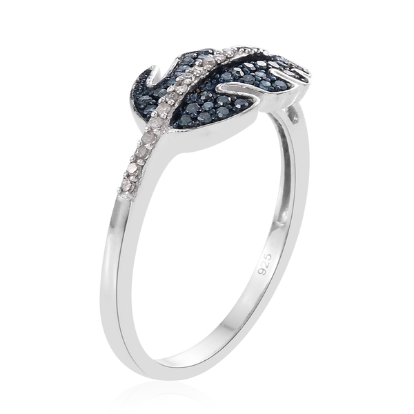Blue Diamond (Rnd), White Diamond Leaf Design Ring in Platinum Overlay Sterling Silver 0.335 Ct.