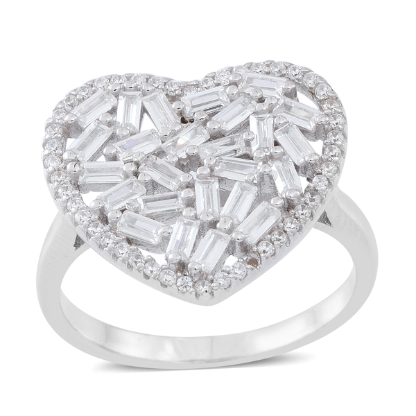 ELANZA AAA Simulated White Diamond (Bgt) Heart Ring in Rhodium Plated Sterling Silver