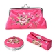 3 Piece Set - Floral Embroidery Pattern Cosmetic Organiser (Includes Compact Mirror, Lipstick Case a