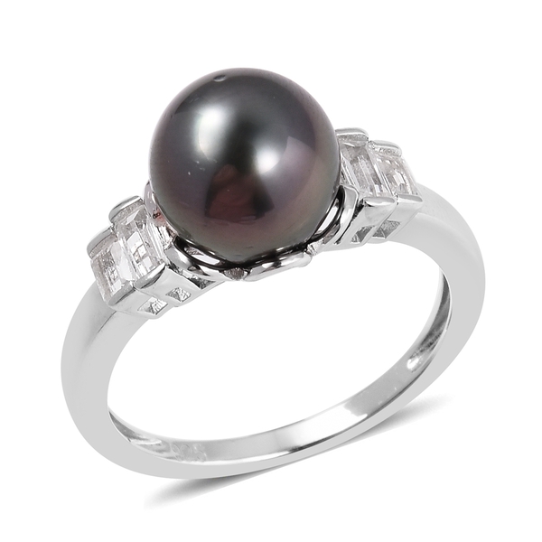 Tahitian Pearl and White Topaz Solitaire Ring in Rhodium Plated Silver