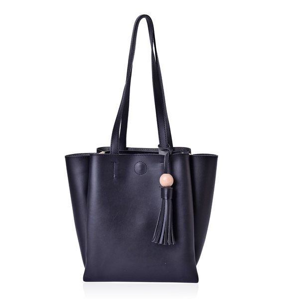 Black Colour Tote Bag With Tassels and Shoulder Strap (Size 33x26.5x23.5x11.5 Cm)