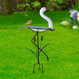 Garden Theme Crane Shaped Birdbath with Solar Light (Size 46x21x81cm) - Light Blue and Multi