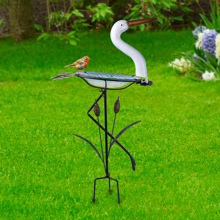 Garden Theme Crane Shaped Birdbath With Solar Light - Light Blue And Multi