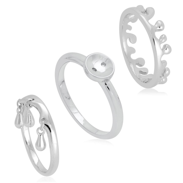 Set of 3 - LucyQ Triple Drip, Button and Ocean Ring in Rhodium Plated Sterling Silver 7.44 Gms.