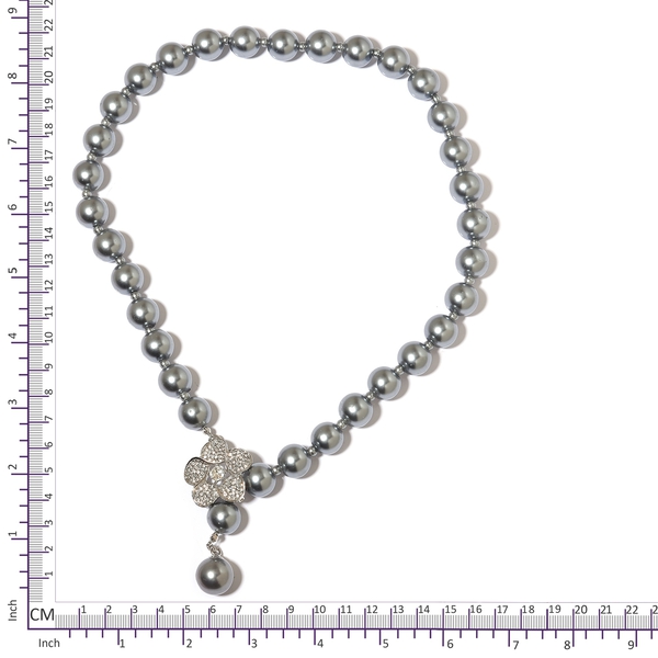 Simulated Grey Pearl and White Austrian Crystal Flower Necklace (Size 22) in Silver Plated