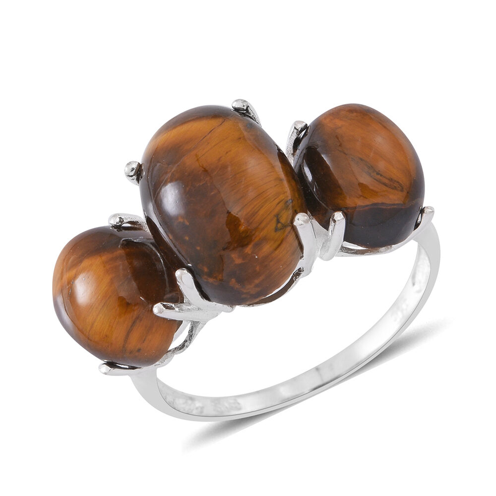 African Tigers Eye (Ovl) 3 Stone Ring in Sterling Silver 15.000 Ct.