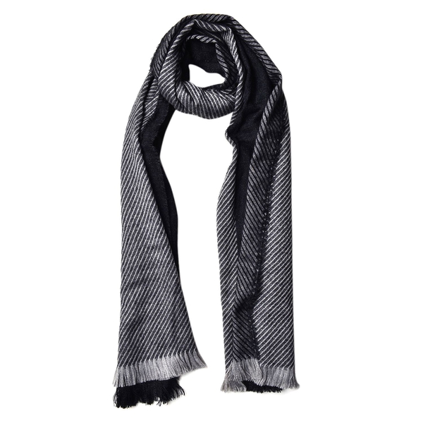 Black and Dark Grey Colour Stripes Pattern 3 Way Wearable Scarf with Fringes (Size 200X75 Cm)