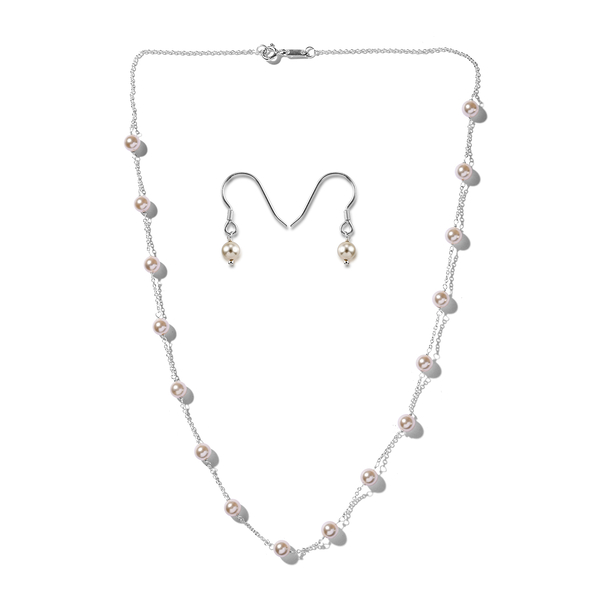 Lustro Stella 2 Piece Set - Cream Pearl Crystal Necklace (Size 18) and Hook Earrings in Sterling Sil