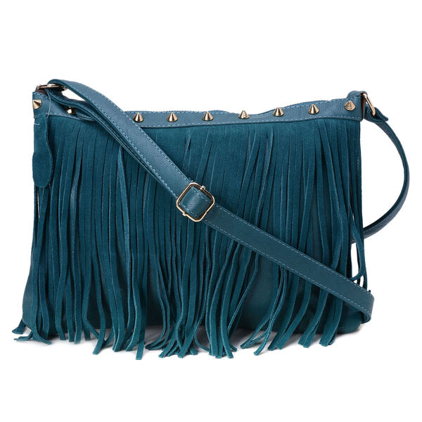 Dark Teal Tassel Bag with Adjustable Shoulder Strap (Size 31x23 Cm