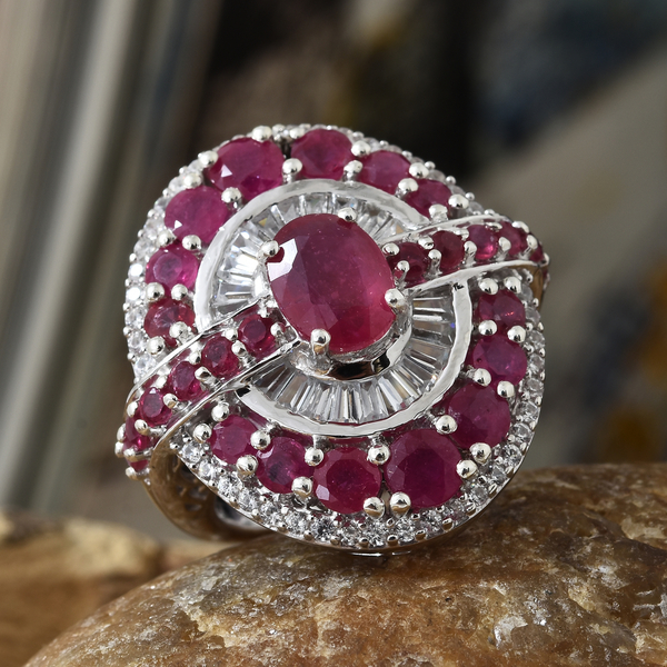 African Ruby (Ovl and Rnd 5.25 Ct), Natural White Cambodian Zircon Cluster Ring in Platinum Overlay Sterling Silver 6.750 Ct, Silver wt 9.70 Gms.