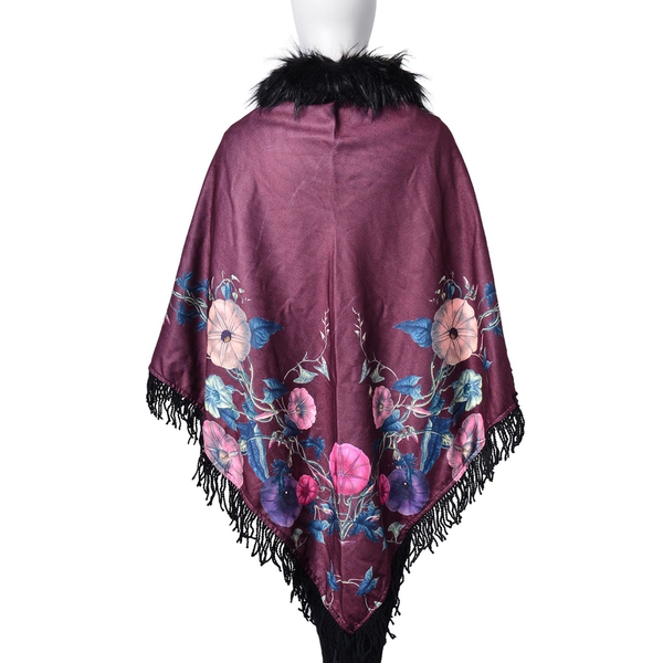 Designer Inspired Burgundy Floral Pattern Faux Fur Collar Reversible Poncho with Tassels (Free Size)