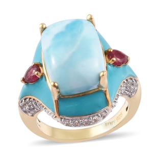 Larimar, African Ruby (FF) and Natural Cambodian Zircon Ring in 14K Gold Overlay Sterling Silver 7.8