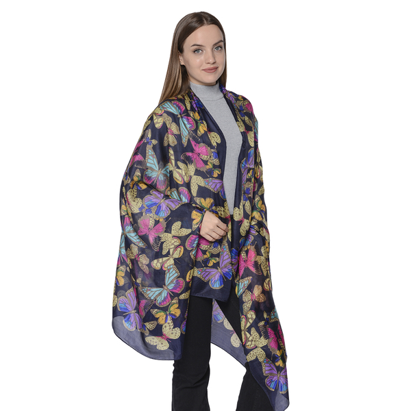 LA MAREY 100% Mulberry Silk Colourful Butterfly Print Scarf in Navy Colour