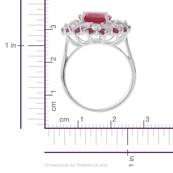 African Ruby (Ovl 6.00 Ct), Ruby and Natural White Cambodian Zircon Ring in Rhodium Plated Sterling Silver 8.750 Ct.
