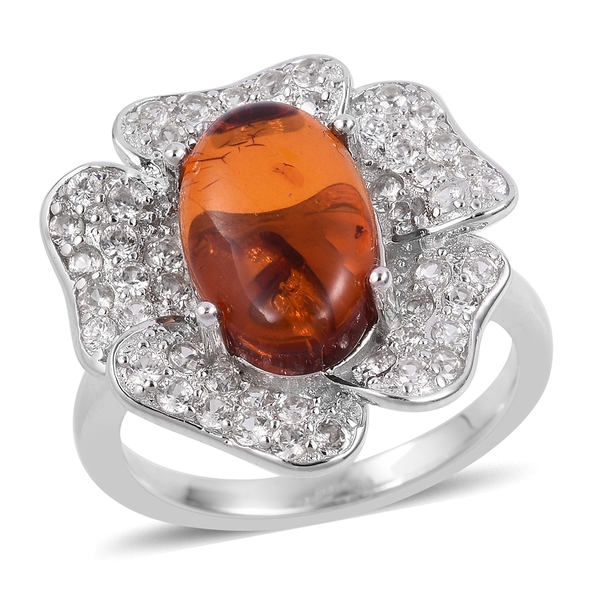 Baltic Amber (Ovl 1.25 Ct), Natural White Cambodian Zircon Flower Ring in Rhodium Plated Sterling Si
