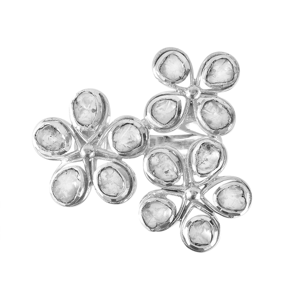 GP Polki Diamond, Kanchanaburi Blue Sapphire Ring in Platinum Overlay Sterling Silver 1.02 Ct, Silver Wt. 5.20 Gms