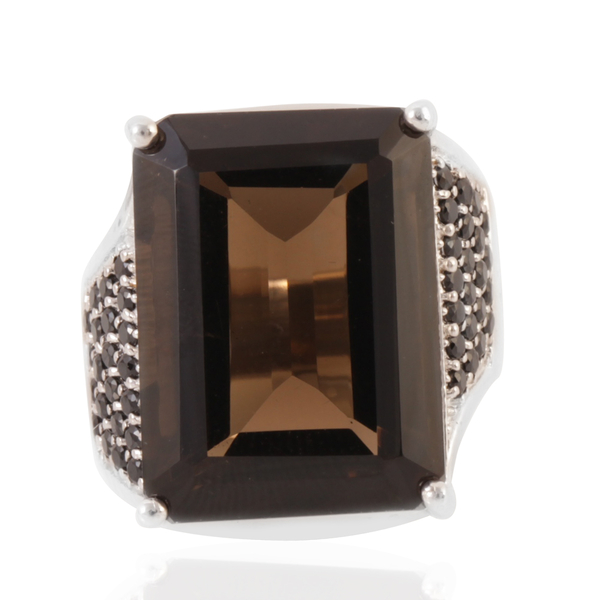 AAA Brazilian Smoky Quartz (Oct 20.00 Ct), Boi Ploi Black Spinel Ring in Rhodium Plated Sterling Sil