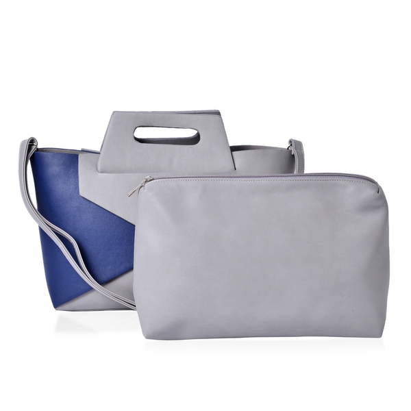 Set of 2 - Royal Blue and Grey Colour Large Tote (Size 40x20x10 Cm) with Grey Colour Small Clutch Ba