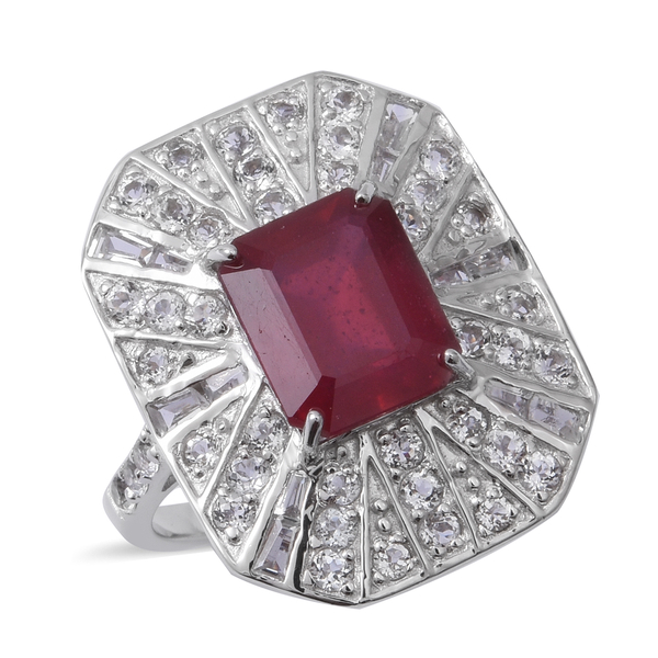 9.53 Ct African Ruby and White Topaz Halo Ring in Rhodium Plated Silver 7.45 Grams