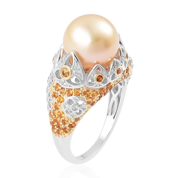 Very Rare AAA South Sea Golden Pearl (Rnd 11.5-12mm), Madeira Citrine and Natural Cambodian Zircon Ring in Rhodium and Yellow Gold Overlay Sterling Silver