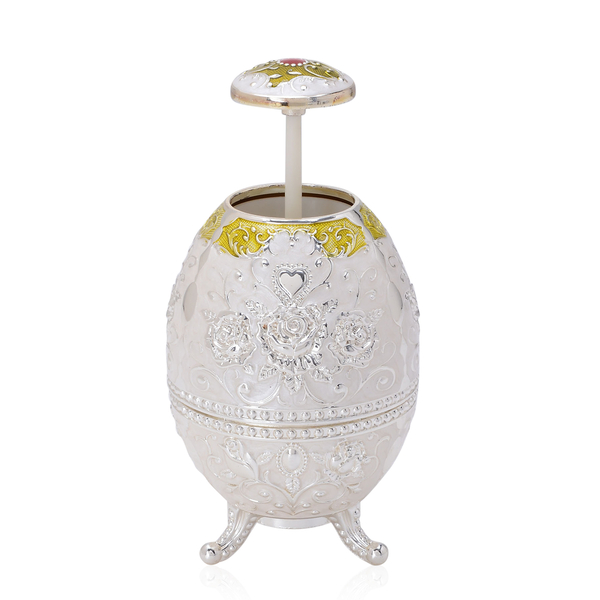 Home Decor - White Colour Enameled Floral and Filigree Pattern Egg Shape Multi Purpose Dispenser with Bottle Opener at Bottom