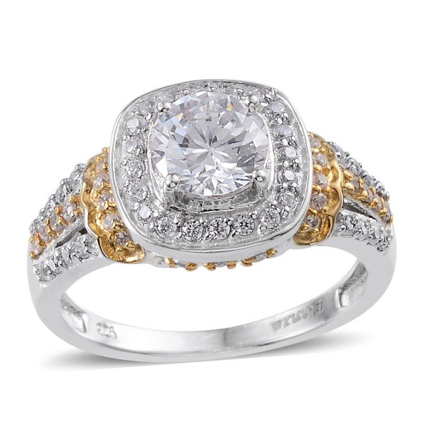 ELANZA AAA Simulated Diamond (Rnd) Ring in Platinum and Yellow Gold Overlay Sterling Silver