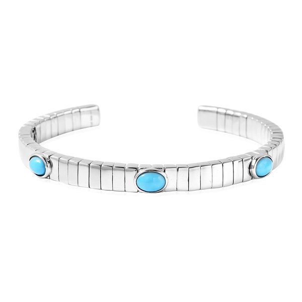 GP Tubogas Collection- Arizon Sleeping Beauty Turquoise and Blue Sapphire Bangle (Size 7.5) in Rhodium Overlay Sterling Silver 2.09 Ct, Silver wt. 33.33 Gms