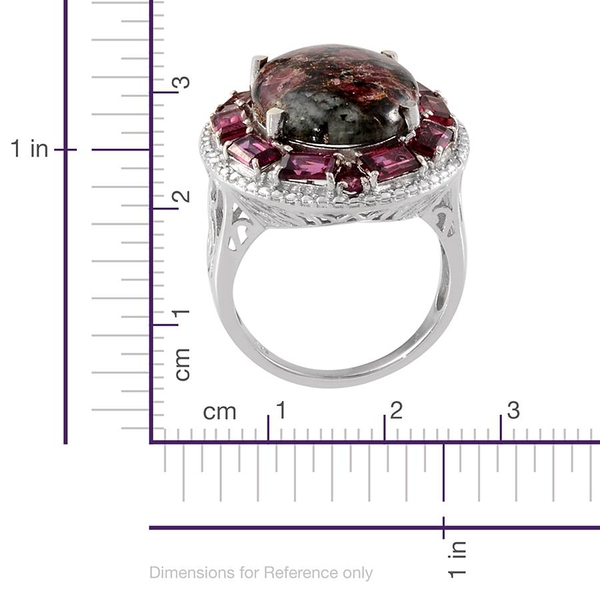 Natural  Eudialyte (Ovl 9.75 Ct), Rhodolite Garnet and Diamond Ring in Platinum Overlay Sterling Silver 13.800 Ct.