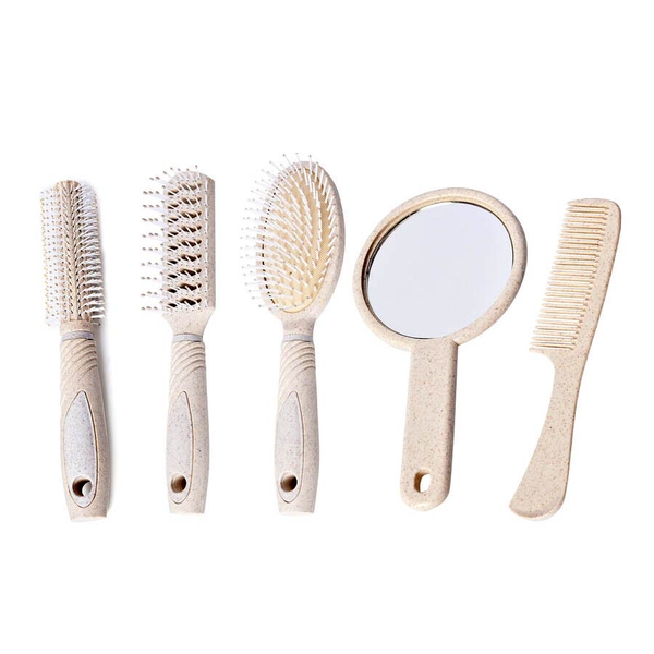 5 Piece Set - Hair Brushes (Includes 1 Flat Comb, 1 Flat Modelling Brush, 1 Roll Modelling Brush, 1 Massage Brush) and 1 Mirror - Grey