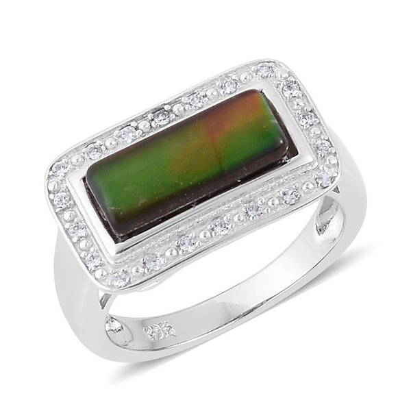 Canadian Ammolite (Bgt 1.75 Ct), Simulated White Diamond Ring in Rhodium Plated Sterling Silver 1.85
