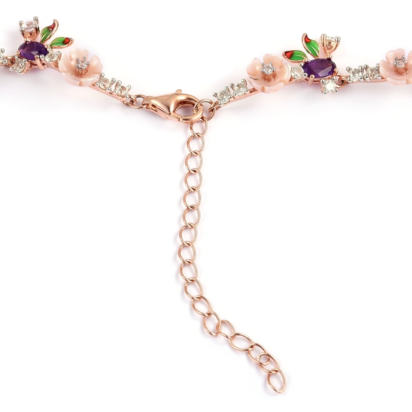 Jardin Collection - Pink Mother of Pearl, Citrine and Multi Gemstone Enameled Flower Necklace (Size 18 with 2 inch Extender) in Rose Gold Overlay Sterling Silver