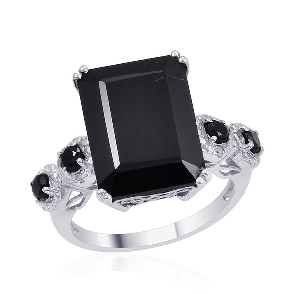 Boi Ploi Black Spinel (Oct 13.50 Ct), Diamond Ring in Platinum Overlay Sterling Silver 14.010 Ct.