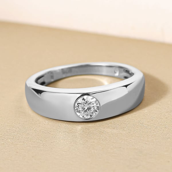 Moissanite Solitaire Ring in Platinum Overlay Sterling Silver