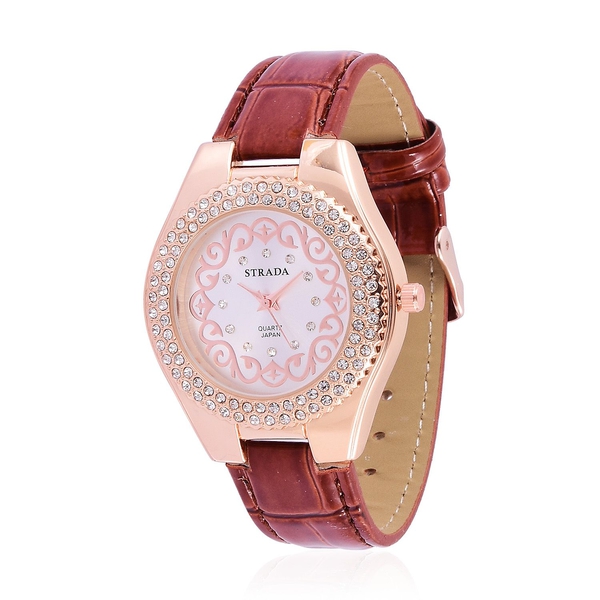 STRADA Japanese Movement White Austrian Crystal Studded White Dial Water Resistant Watch in Rose Gol