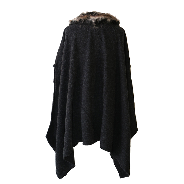 Dark Grey Faux Fur Collar Poncho with Asymmetrical Hem in Black (One Size)