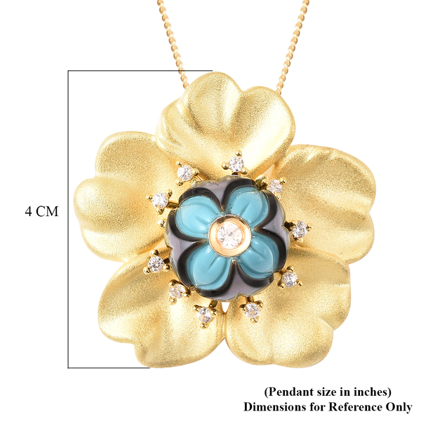 Galatea Pearl - Tahiti Pearl and Natural Cambodian Zircon Flower Design Carved Pendant with Chain (Size 18) in Yellow Gold Overlay Sterling Silver 4.08 Ct, Silver wt. 10.92 Gms