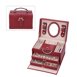3 Layer Lizard Skin Pattern Jewellery Box with Inside Mirror and Button Lock (Size 22x16x14cm) - Burgundy