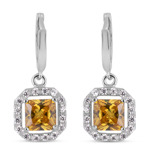 Simulated Yellow Sapphire and Simulated Diamond Dangling Earrings (With Hoop) in Rhodium Overlay Ste