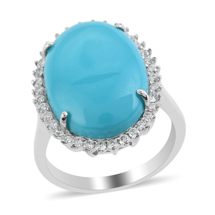 ILIANA 18K White Gold AAA Arizona Sleeping Beauty Turquoise and Diamond Ring 9.10 Ct, Gold wt 5.00 G